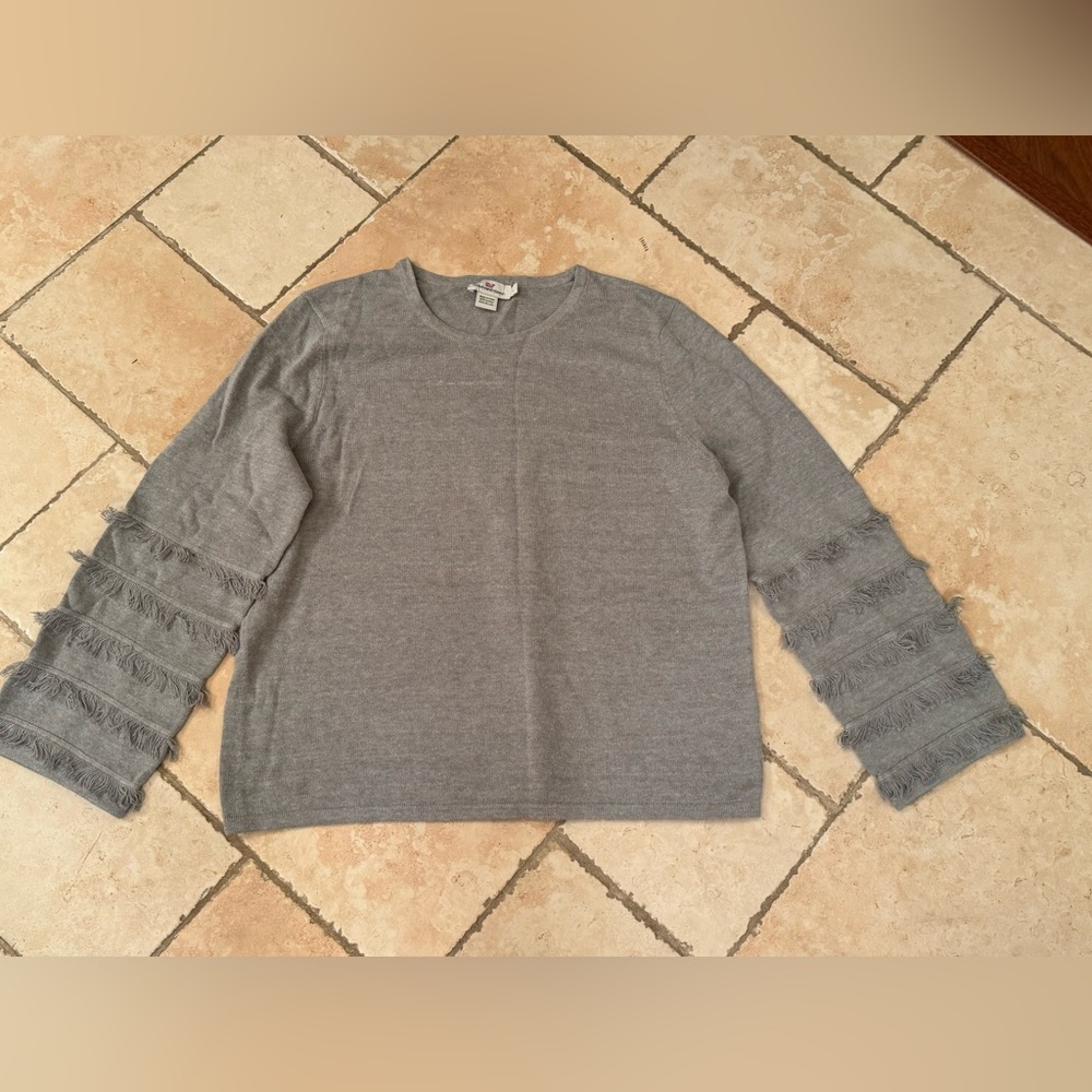 Vineyard Vines Gray Crewneck Sweater with Fringe Sleeve Detail